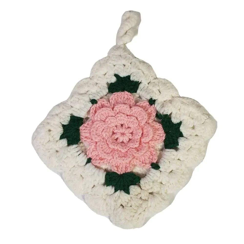 VTG Handmade Crochet 3D Pink Flower Pot holder Trivet Hot Pad Kitchen Decor